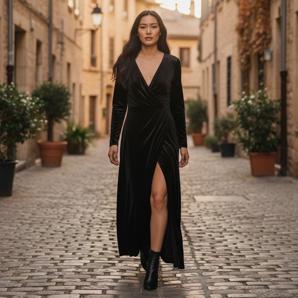 Faeriesty Velvet Maxi Dress Women 1XL Black Long Sleeve V-Neck Slit Gown
